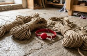 nake, tightly hogtied, ball-gagged … on the floor!
